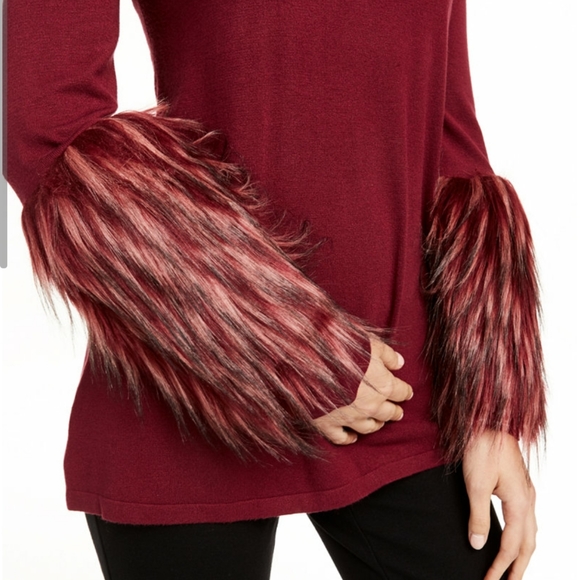 Alfani Womens Red Mock Neck Faux-Fur Trim Pullover - Picture 2 of 3